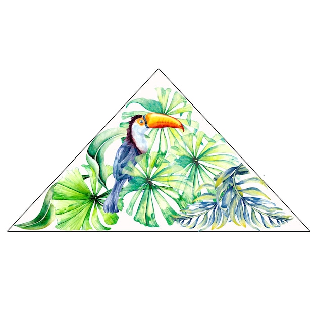 Driehoeksetiket van palmboom en toekanwaterverfillustratie op wit