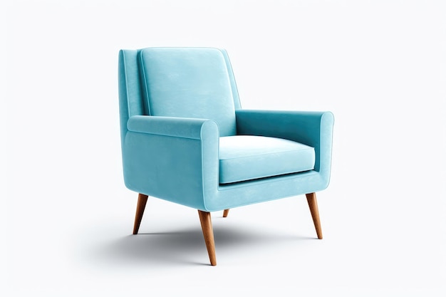 Driekwart Weergave Hemelsblauw Mid Century Moderne Fauteuil Op Witte Achtergrond Generatieve AI