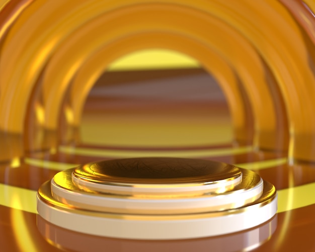 Drievoudig gouden cilinder voetstuk podium met transparant geel cirkelkolomontwerp op gele achtergrond voor productpresentatie podiumweergave door 3D-rendering