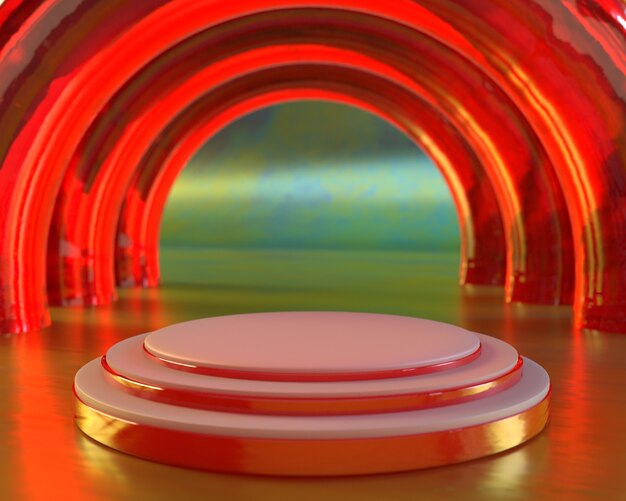 Drievoudig oranje cilinder voetstuk podium met blauworanje cirkelkolomontwerp op groene achtergrond voor productpresentatie podiumweergave door 3D-rendering