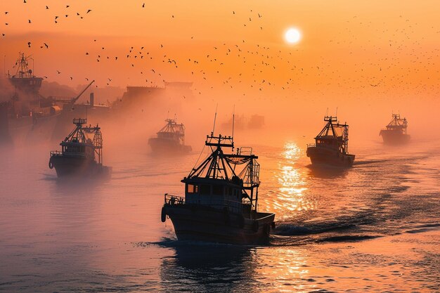 Photo drift with the first light where fishing boats emb generative ai