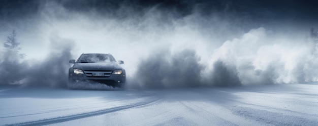 Drifting car on snowy wet road with skid car accident fire banner panorama Generative Ai