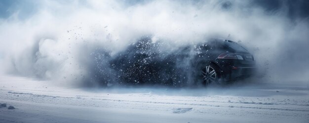 Drifting car on snowy wet road with skid car accident fire banner panorama Generative Ai