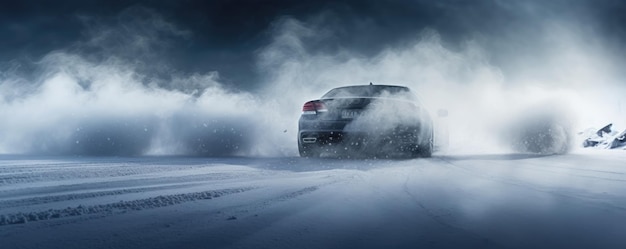 Drifting car on snowy wet road with skid car accident fire banner panorama Generative Ai