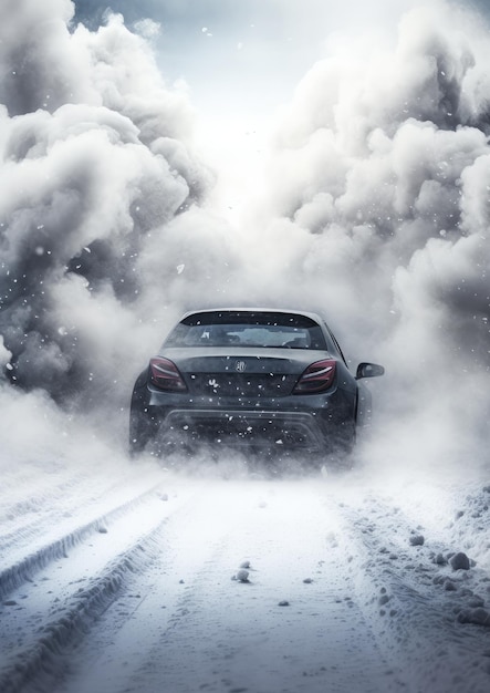 Drifting fast sports car on snowy wet road with skid car accident fire Generative Ai