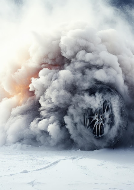 Быстрый спортивный автомобиль дрифтует по заснеженной мокрой дороге с пожаром в результате аварии Generative Ai