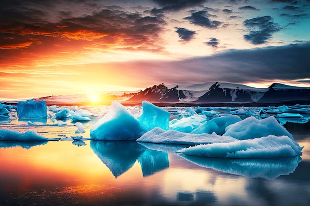 Drifting floating icebergs against backdrop of picturesque sunset sun and snowcapped mountain shore