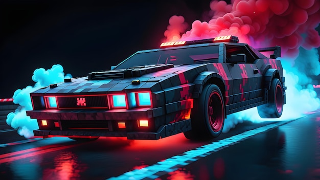 Drifting Minecraft Police car on dark black background with red smoke Minecraft voxel surface