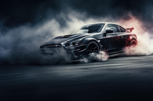 Drifting and smoking wheels of a dark edition sport car on the track