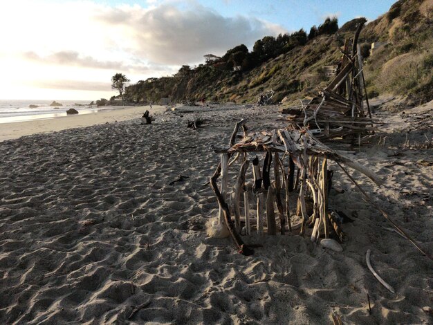 Foto legno alla deriva sulla spiaggia contro il cielo