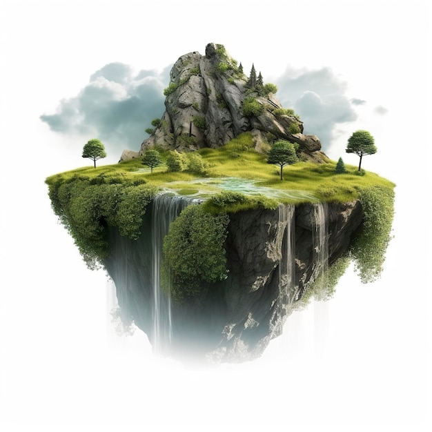 Drijvend fantasie-eiland met waterval en groen gras en bomen, bergen, hemelaanraking op vliegend stuk landwolken geïsoleerd op witte achtergrond generat ai