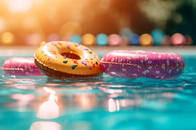 Drijvend zwembadspeelgoed en springkussens in een sprankelende zwembadzomer