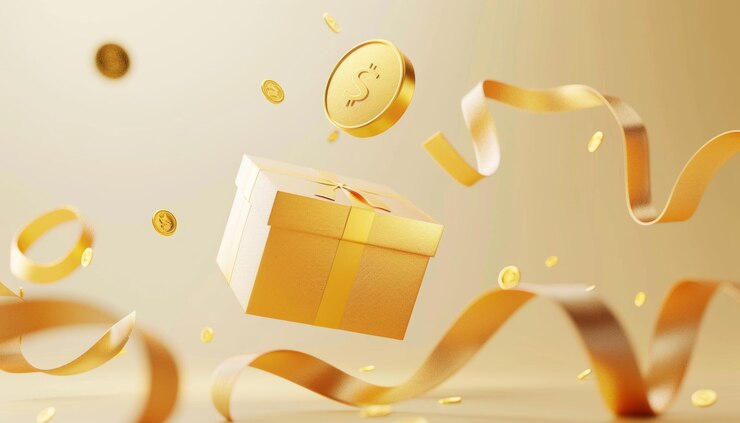 Drijvende geschenkdoos met gouden munten en linten