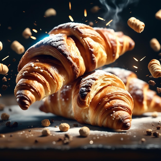 Drijvende heerlijke Franse croissant, bladerdeeg, boterachtig bladerdeeg, goudbruine korst en een zachte luchtige binnenkant