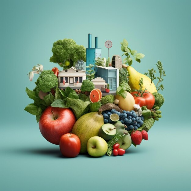 Foto drijvende planeet samengesteld uit vers fruit groenten en groen symbool van wereldgezondheidsdag