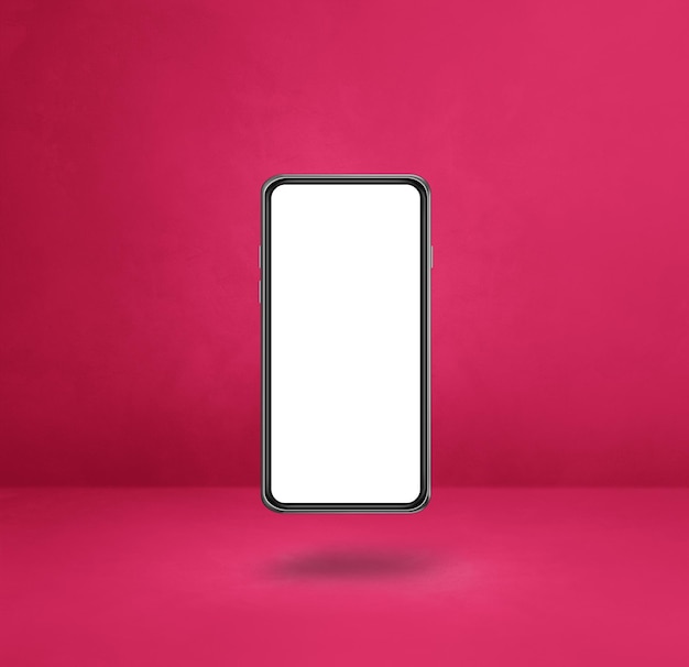 Drijvende smartphone geïsoleerd op roze vierkante achtergrond