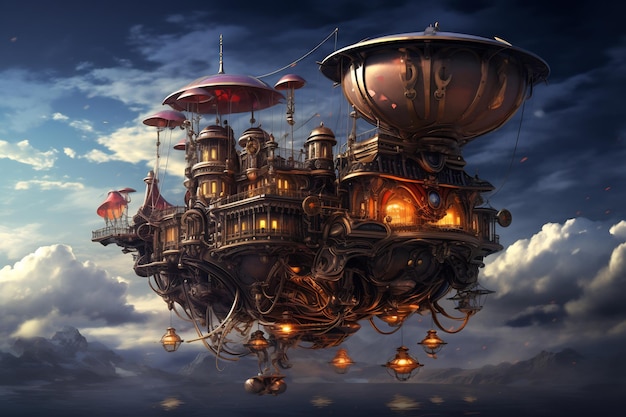 Foto drijvende steampunk apparaten in een sterrenhemel