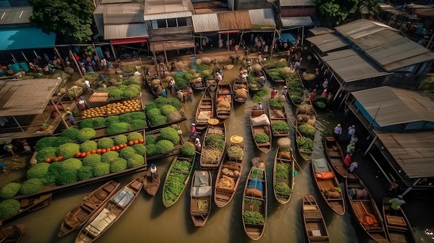 Drijvende traditionele markt traditionele drijvende boot marktweergave van drone generatieve ai