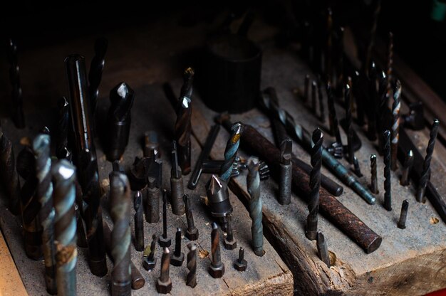 Drill bits in workshop Photo