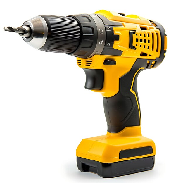 Drill With Yellow Plastic Body and Black Chuck a Tool Fitted Isolated Clean Blank BG Items Design