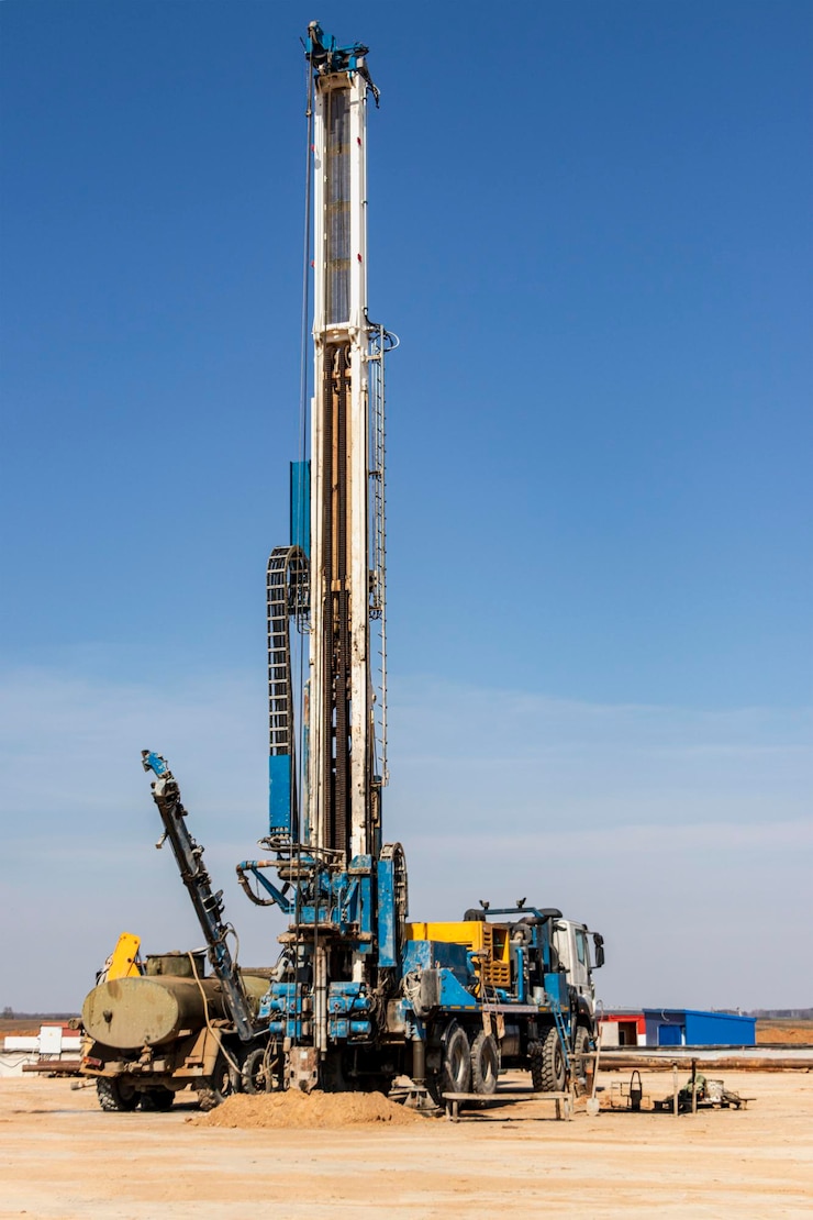 Photo drilling rig close-up at a construction site. deep hole drilling. extraction of minerals oil and gas. working process.