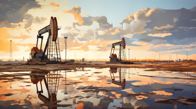 Drilling rigs in a desert oil field to extract fossil fuels and extract crude oil from the ground Oil drilling rig and pump jack