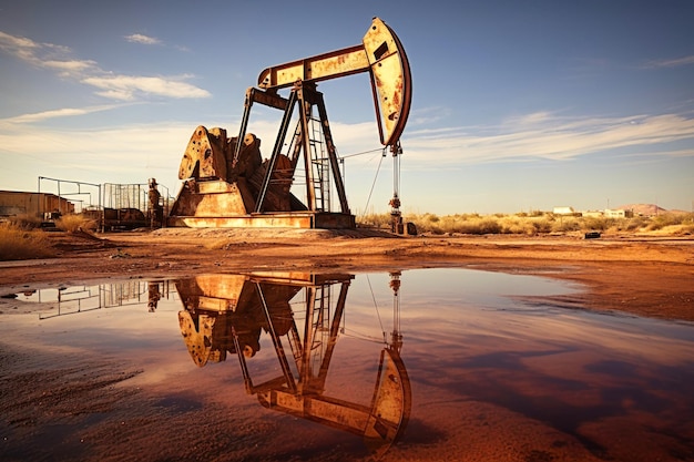 砂漠の石油鉱山で化石燃料を採掘するための掘削機と地面から原油を採掘するための掘削機 石油掘削機とポンプジャック