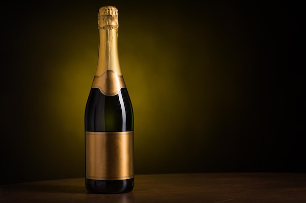 концепция напитков, алкоголя, рекламы и праздников - бутылка шампанского с пустой золотой этикеткой на деревянном столе на темном фоне