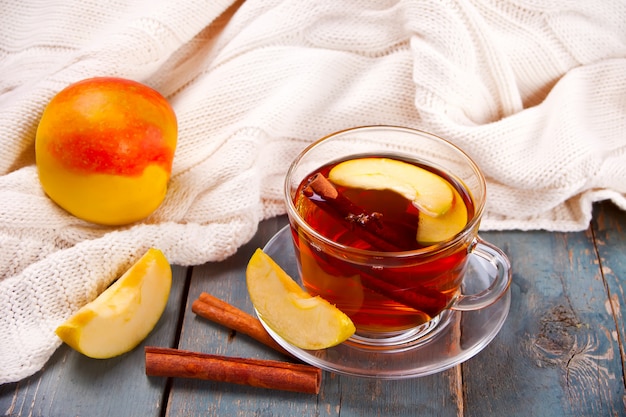 Drink of apple tea with cinnamon stick, star anise and clove