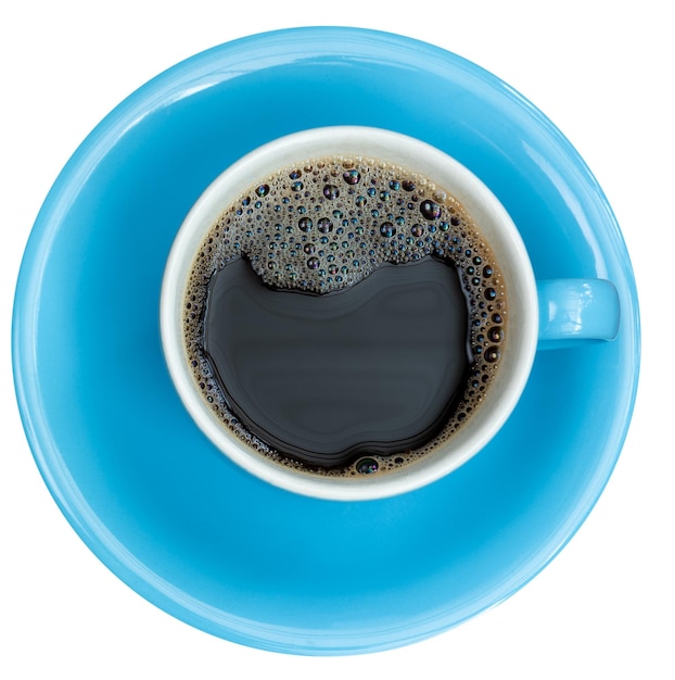 写真 クリッピングパスで白に分離された青いカップでコーヒーカップを飲む