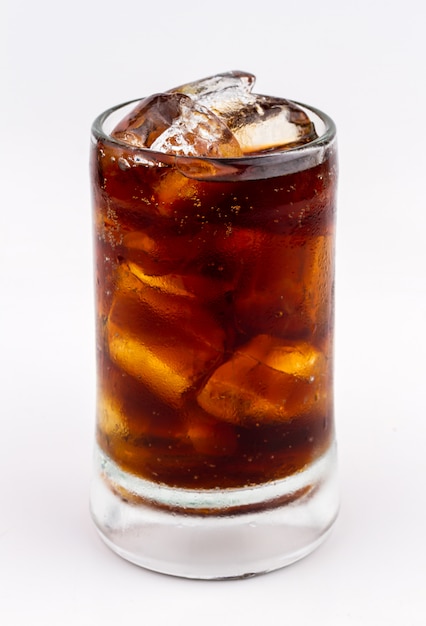 Drink cola with ice in glass on white background. cool