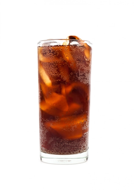 Drink cola with ice in glass on white background