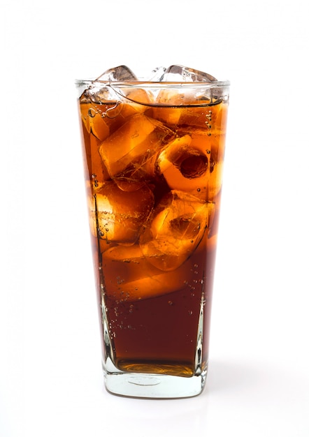 Drink cola with ice in glass on white background