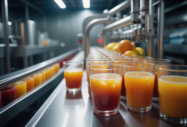 Photo at the drink factory fruit juice beverages glide along the production line on the conveyor belt