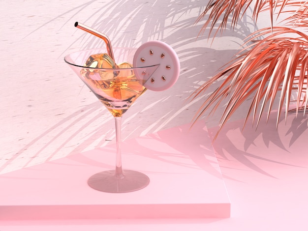 Drink glas citroen thee abstracte roze scène 3D-rendering