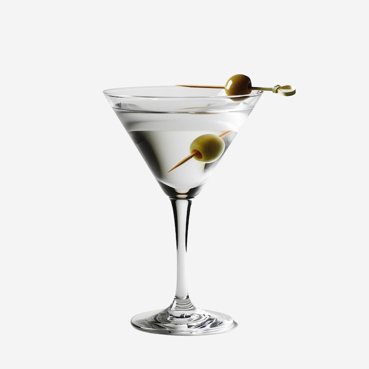 Photo drink glass with clear alcohol and olive