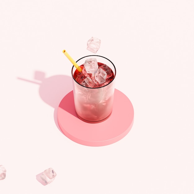 Drink in glass with ice and straw on beige background, 3d render