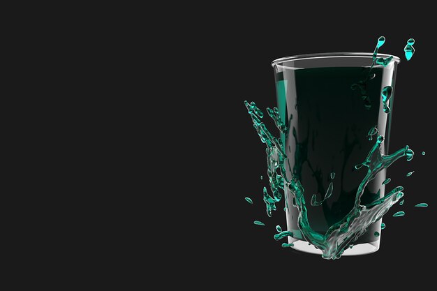 Drink in glass with water splash on black background. 3d rendering illustration