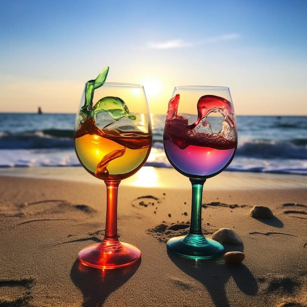 Drink glasses sunset background