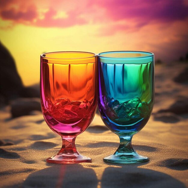 Drink glasses sunset background