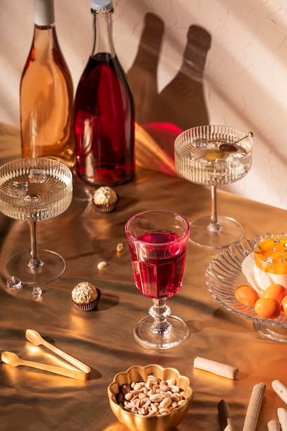 Photo drink on gold tablecloth still life