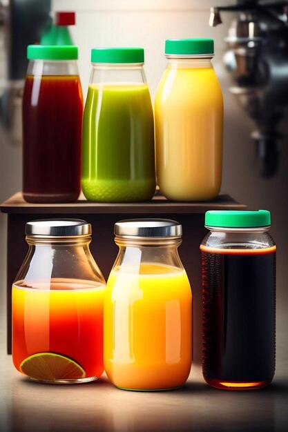 Drink is poured into plastic bottles on juice production