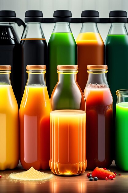 Drink is poured into plastic bottles on juice production