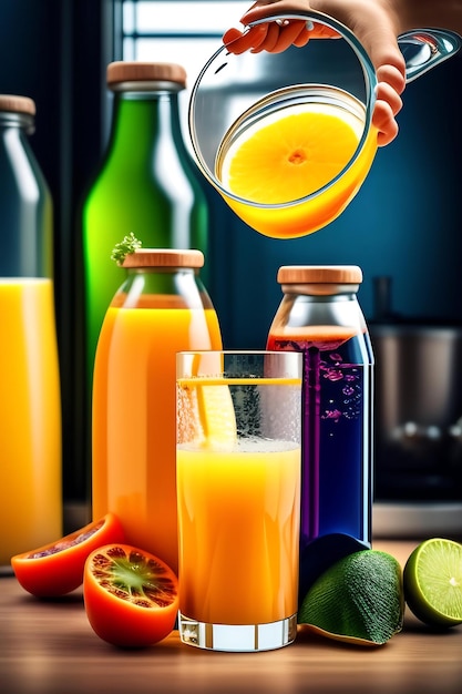 Drink is poured into plastic bottles on juice production