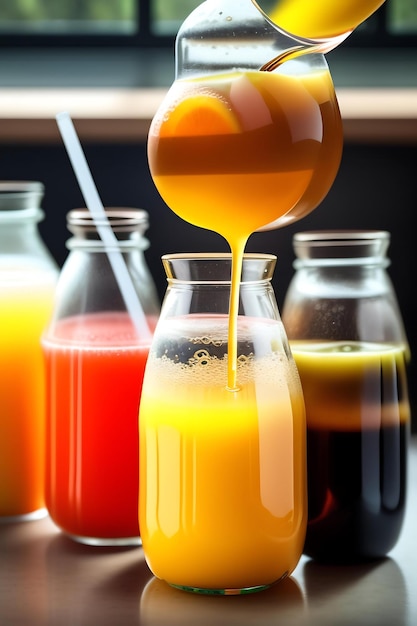 Drink is poured into plastic bottles on juice production