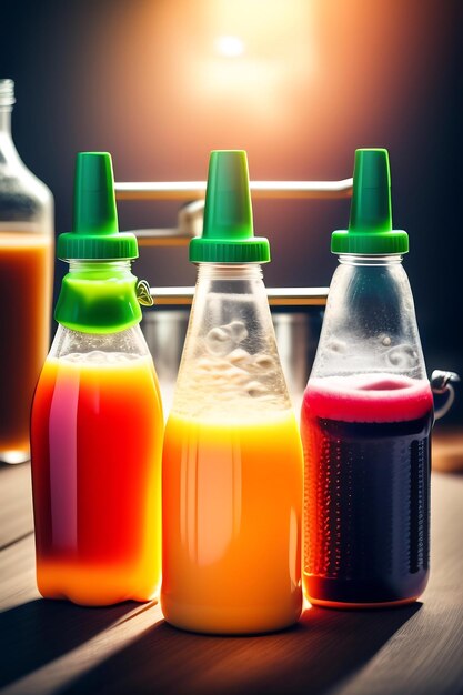 Foto la bevanda viene versata in bottiglie di plastica durante la produzione di succhi