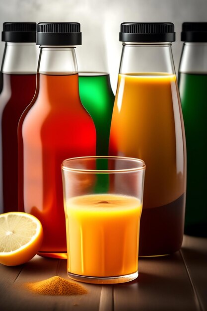 Drink is poured into plastic bottles on juice production