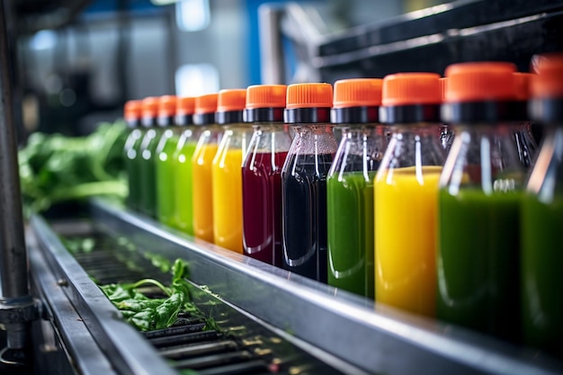 Foto la bevanda viene versata in bottiglie di plastica per la produzione di succo