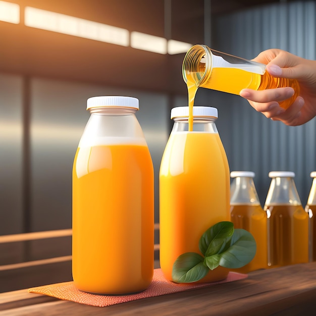 Drink is poured into plastic bottles on juice production