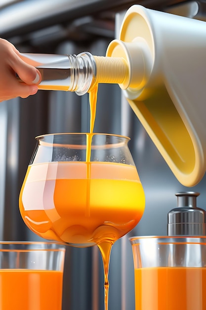 Drink is poured into plastic bottles on juice production